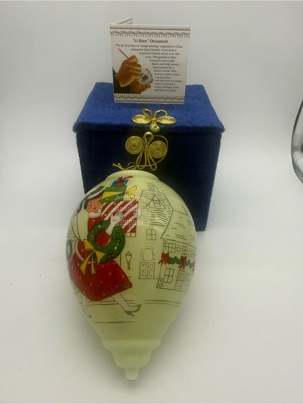 2013 Pier 1 Li Bien Holiday Shopper Reverse Hand Painted Teardrop Ornament w Box